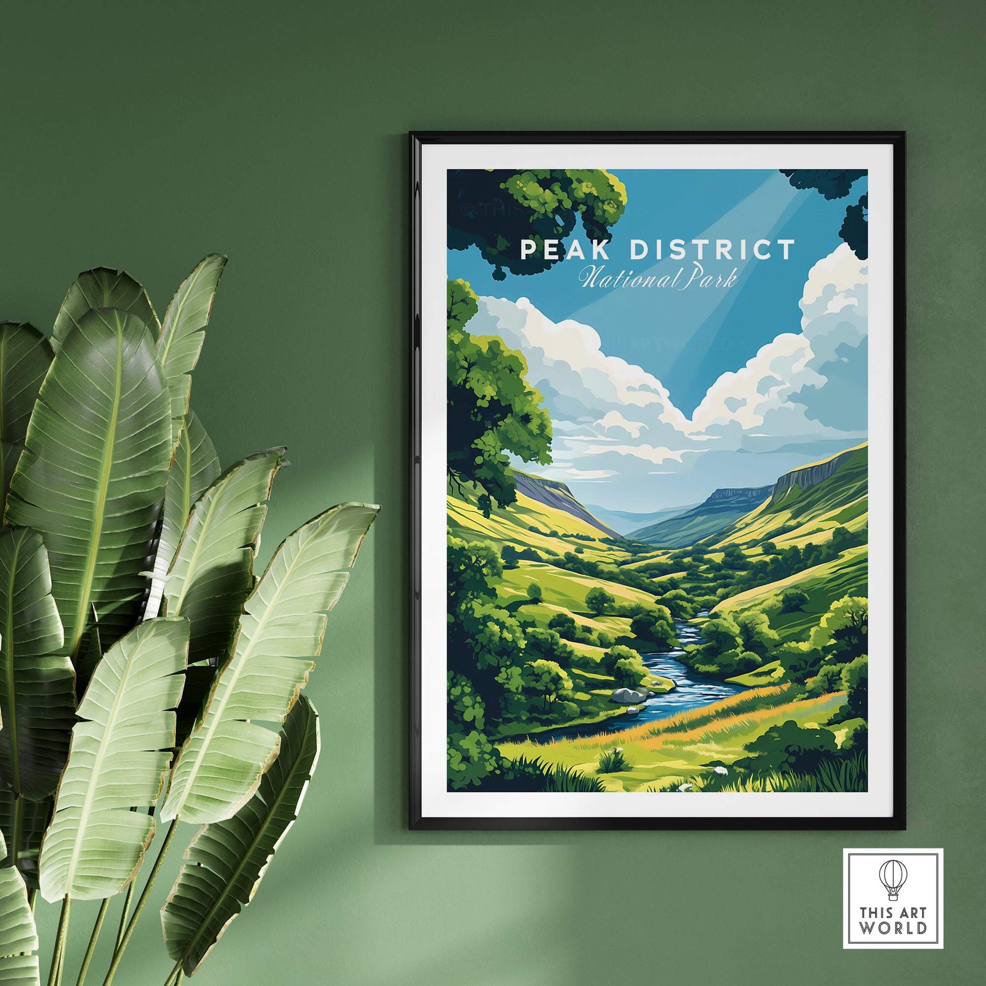 Peak District Travel Print featuring scenic views of lush greenery and hills in a stylish poster design.