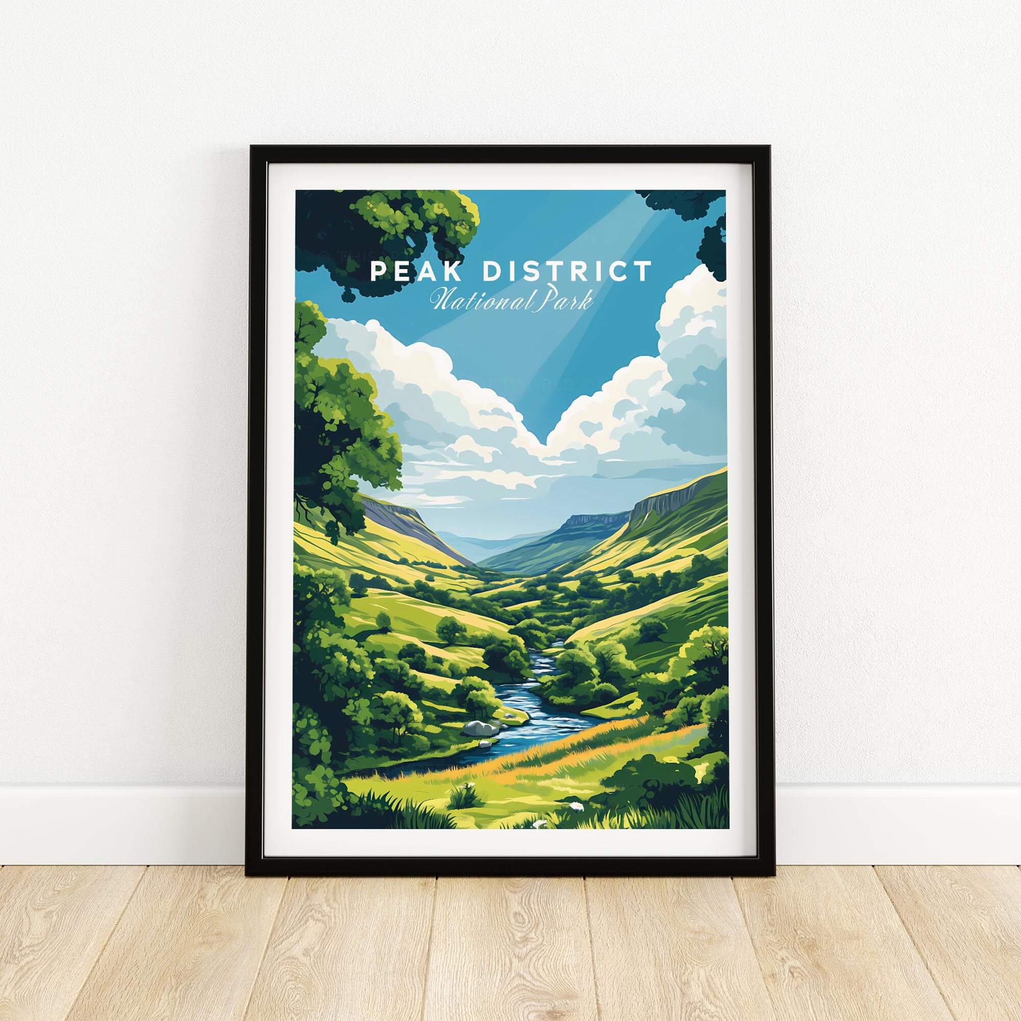 Peak District Travel Print featuring vibrant landscapes and serene countryside views.