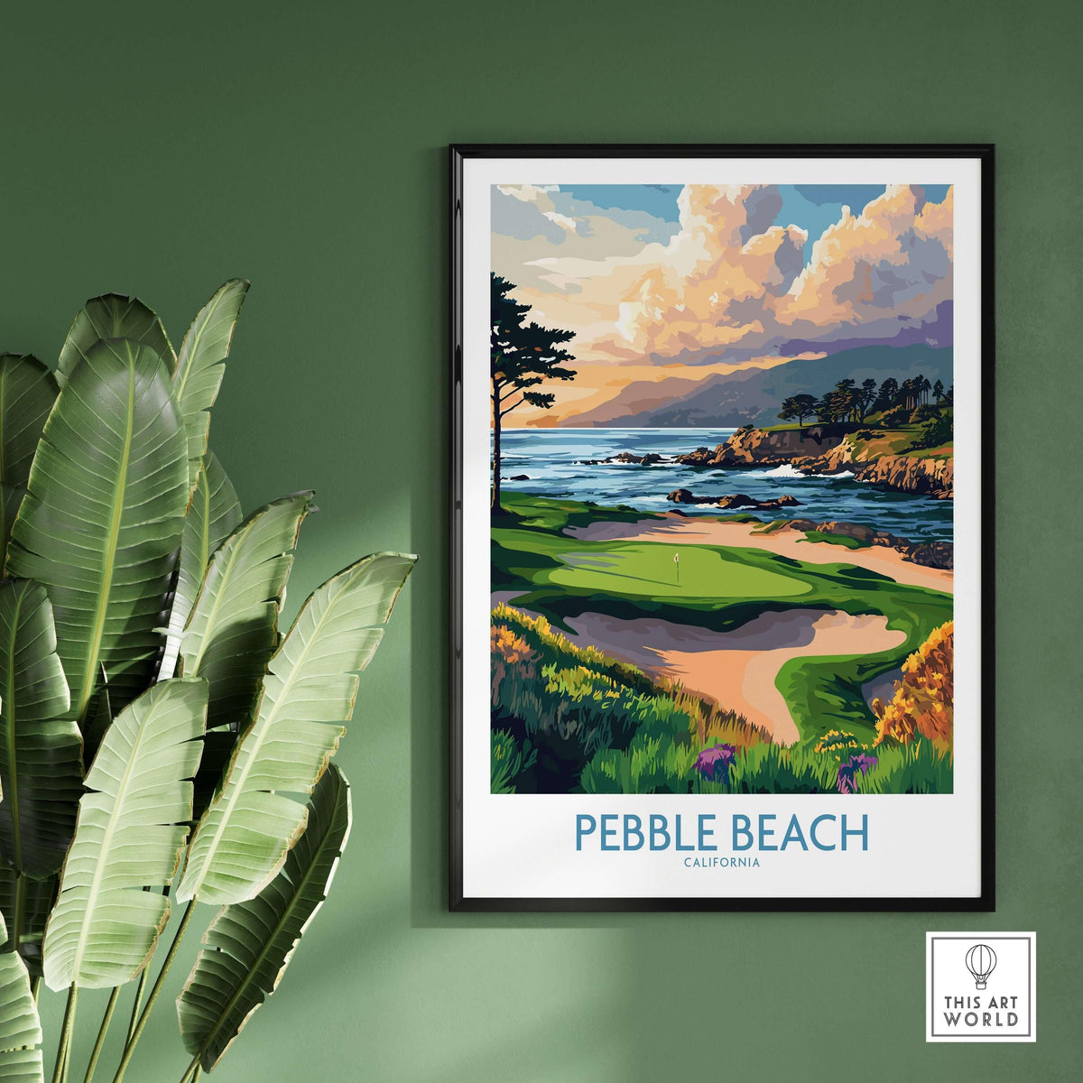 Pebble Beach Print California - Iconic Golf Poster displaying coastal scenery and golf fairways on a green wall.