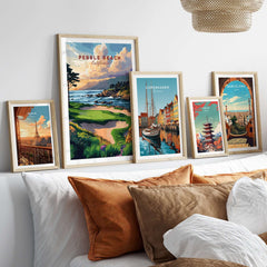 Pebble Beach Golf Links Poster - California Coastal Golf Course Wall Art displayed among other travel posters.