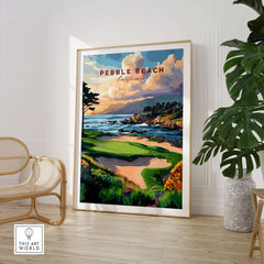 Pebble Beach Golf Links Poster - California Coastal Golf Course Wall Art showcasing coastal scenery and golf course.