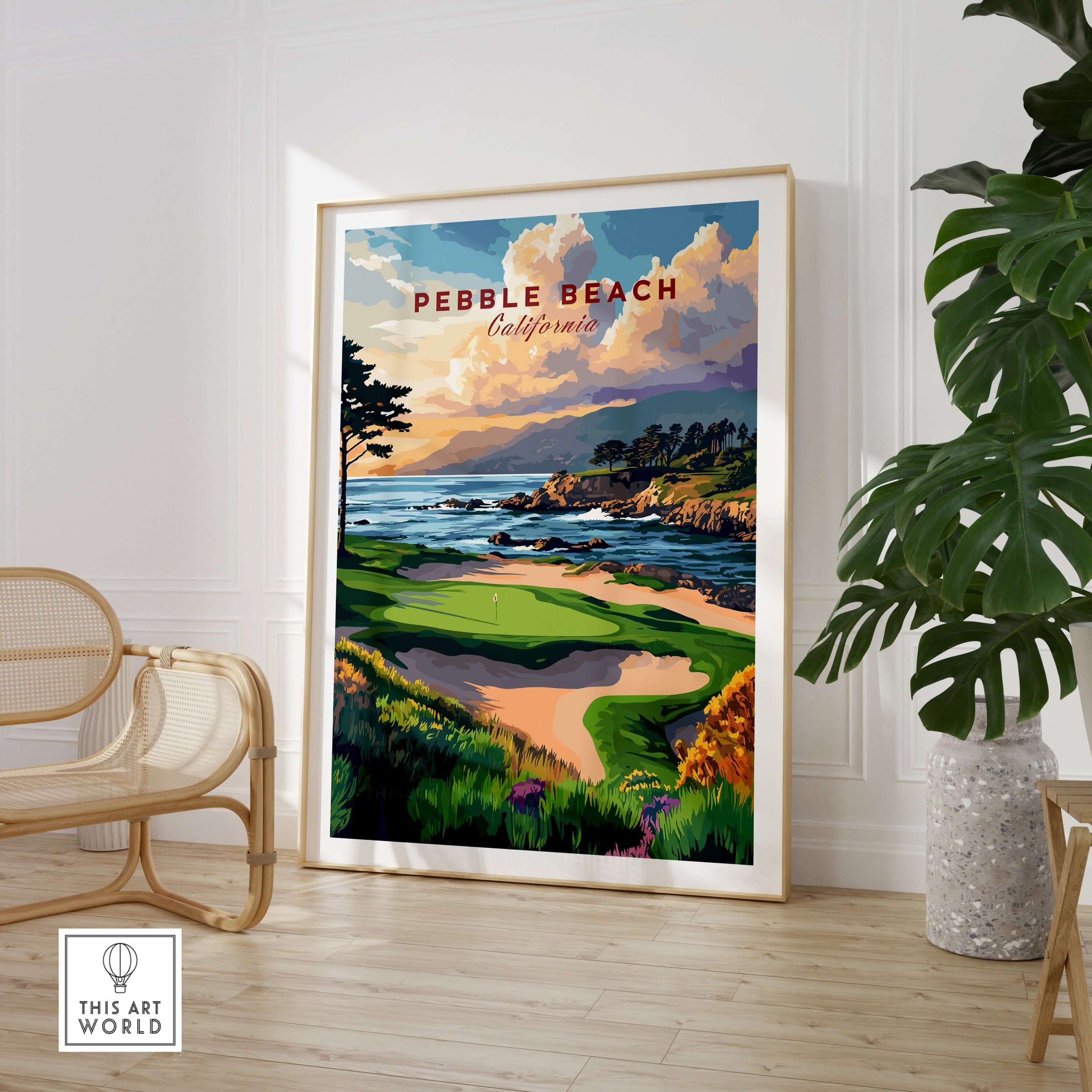 Pebble Beach Golf Links Poster - California Coastal Golf Course Wall Art showcasing coastal scenery and golf course.
