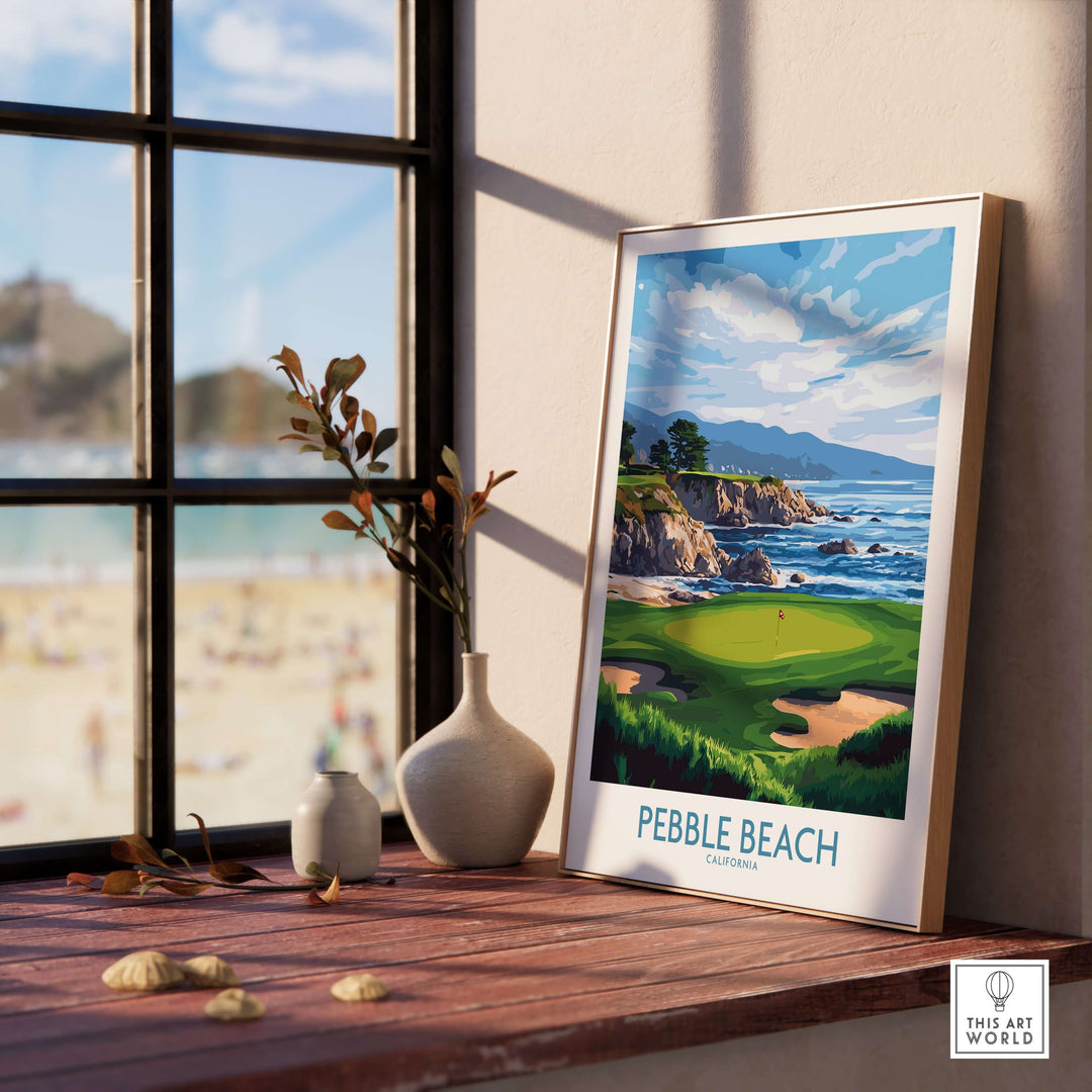 Pebble Beach golf poster featuring coastal views and cypress trees, perfect wall art for golf enthusiasts.