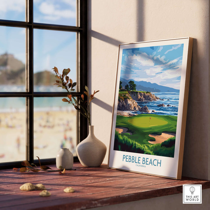 Pebble Beach golf poster featuring coastal views and cypress trees, perfect wall art for golf enthusiasts.