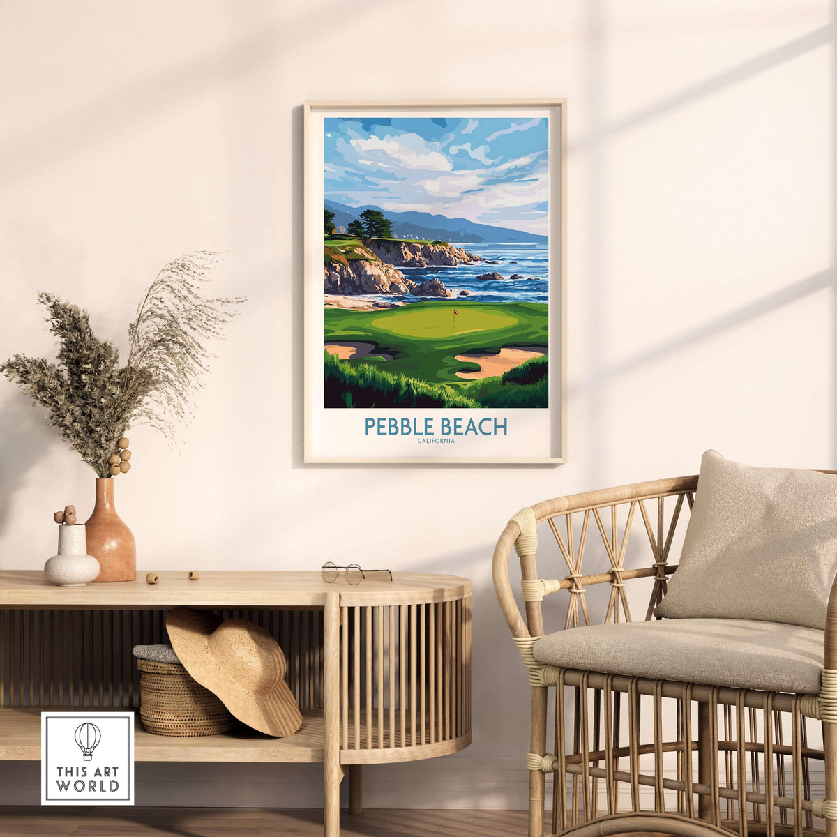 Pebble Beach Golf Poster - California Championship Golf Course Wall Art displayed in a stylish interior setting with coastal views.