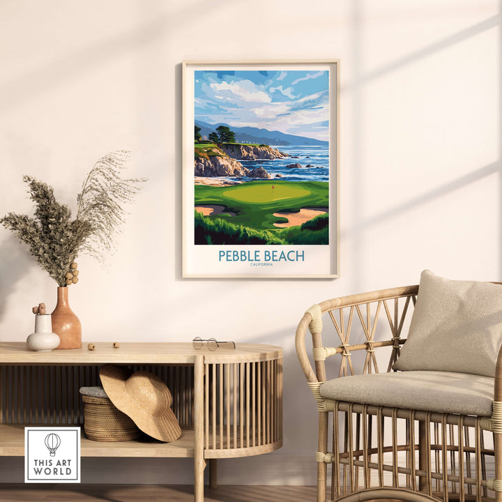 Pebble Beach Golf Poster showcasing stunning coastal views and lush fairways in a stylish living room setting.