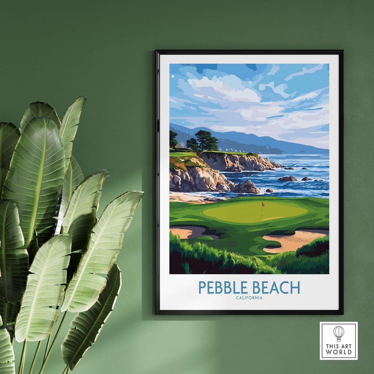 Pebble Beach Golf Poster - California Championship Golf Course Wall Art framed on a wall with coastal view and golf course.