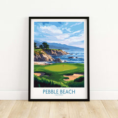 Pebble Beach Golf Poster - California Championship Golf Course Wall Art featuring scenic coastal views and iconic cypress trees.
