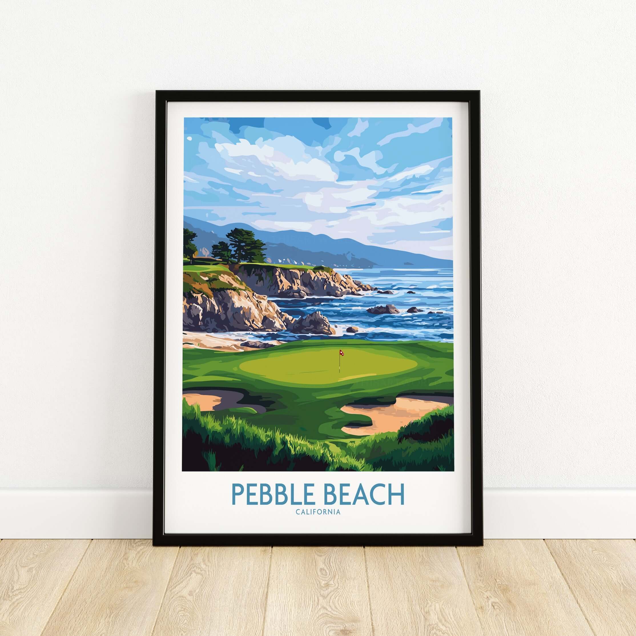 Pebble Beach Golf Poster - California Championship Golf Course Wall Art featuring scenic coastal views and iconic cypress trees.