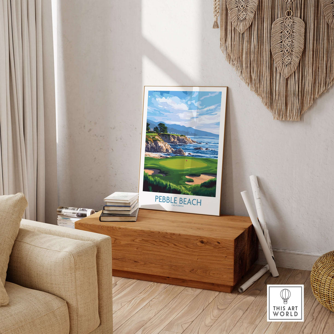 Pebble Beach golf poster in a cozy living room, showcasing California's championship golf course and coastal views.