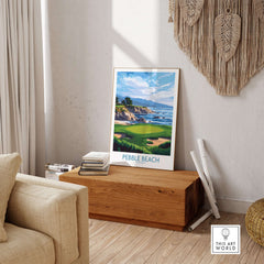 Pebble Beach Golf Poster - California Championship Golf Course Wall Art displayed in a stylish room with coastal views.