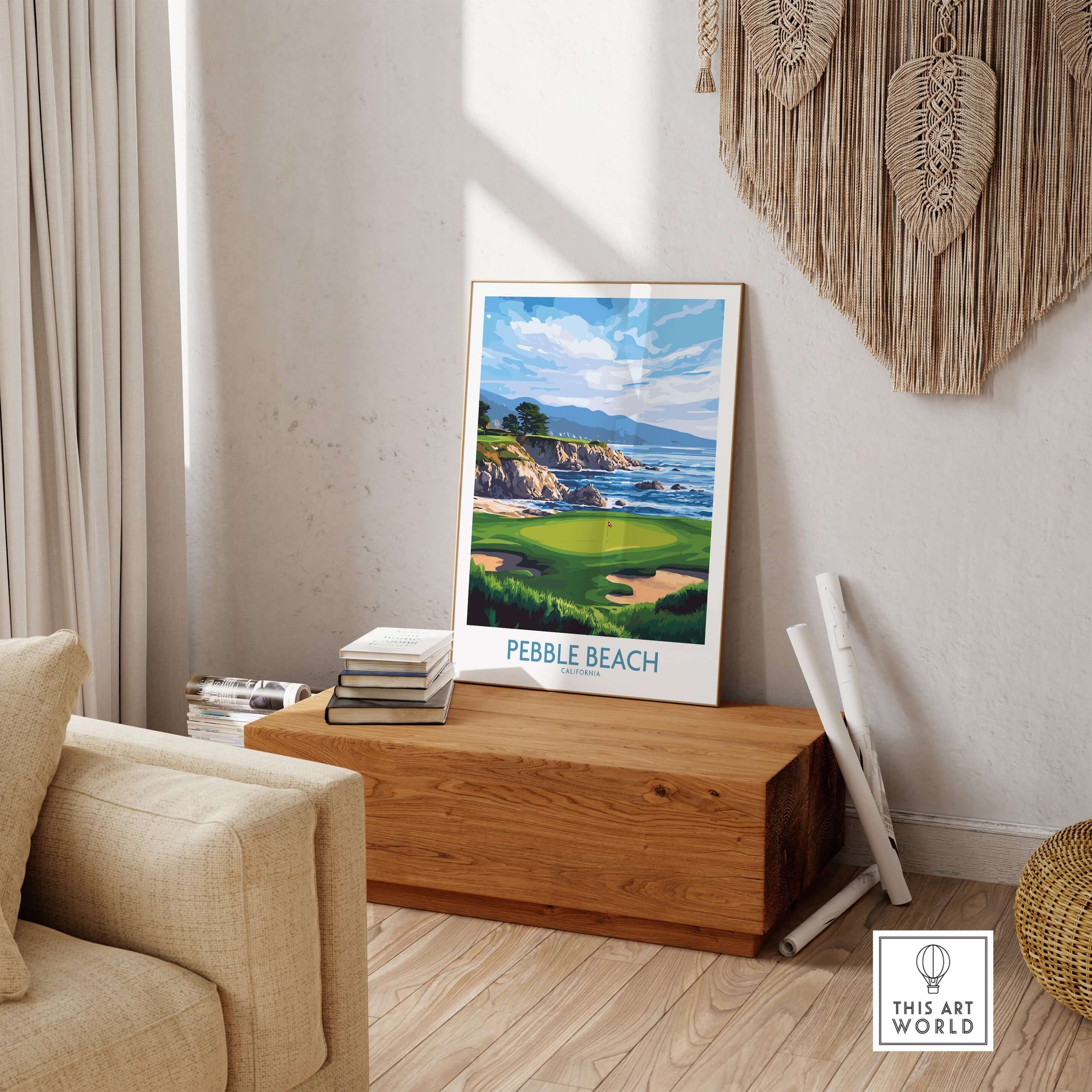 Pebble Beach Golf Poster - California Championship Golf Course Wall Art displayed in a stylish room with coastal views.