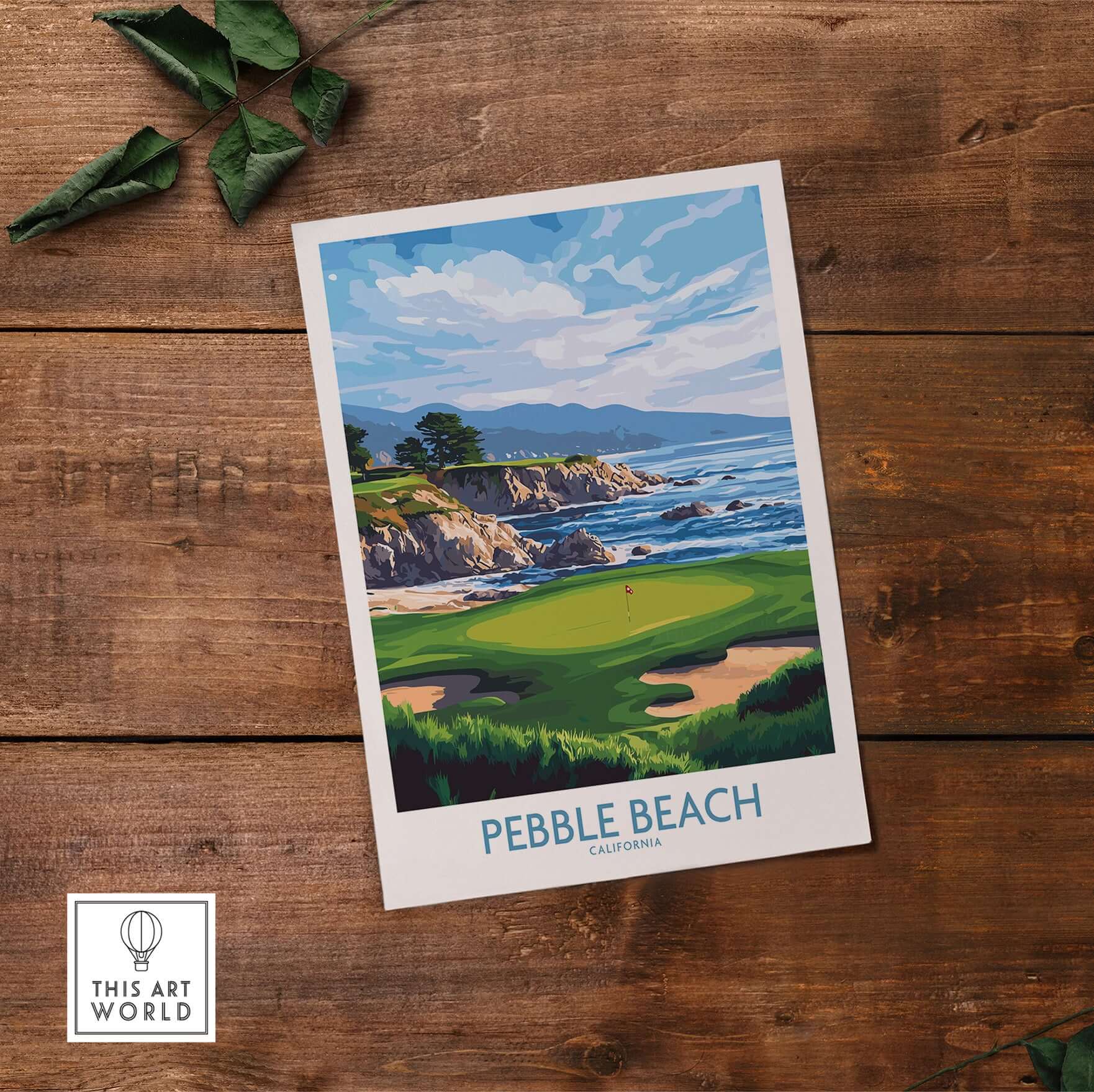 Pebble Beach Golf Poster - California Championship Golf Course Wall Art featuring a coastal landscape and golf course.