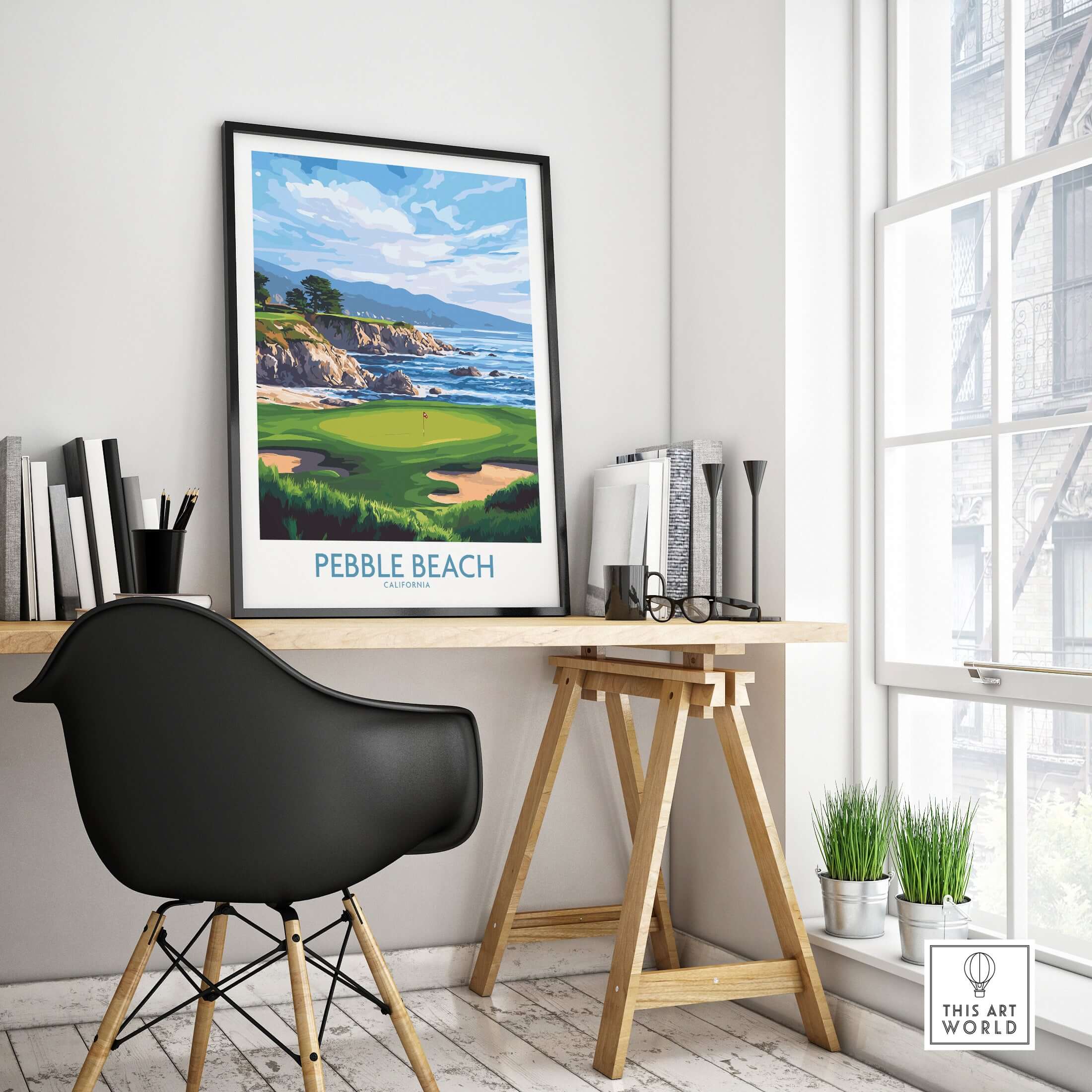Pebble Beach Golf Poster - California Championship Golf Course Wall Art framed on wall above stylish desk.