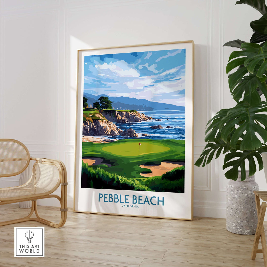 Pebble Beach golf poster featuring coastal views of California's championship golf course, decorative wall art.