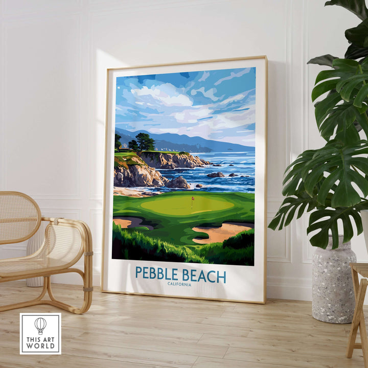 Pebble Beach golf poster featuring coastal views of California's championship golf course, decorative wall art.