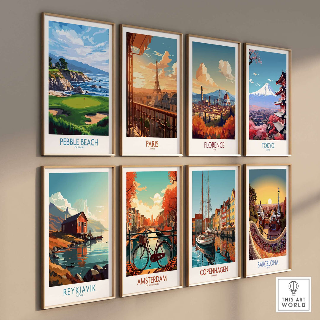 Collection of travel posters featuring Pebble Beach, Paris, Florence, Tokyo, Reykjavik, Amsterdam, Copenhagen, and Barcelona.