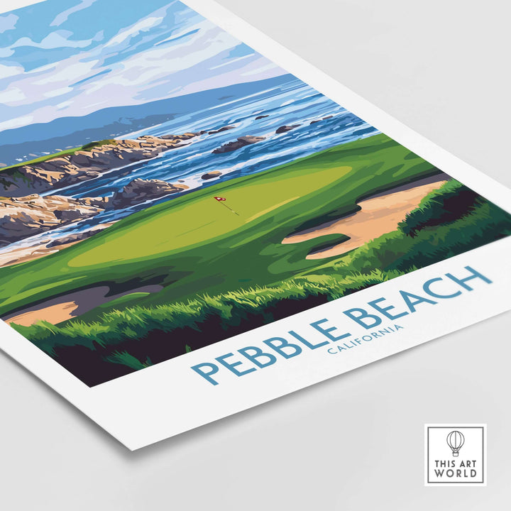 Pebble Beach Golf Poster showcasing California's championship course with coastal views and vibrant green fairways.