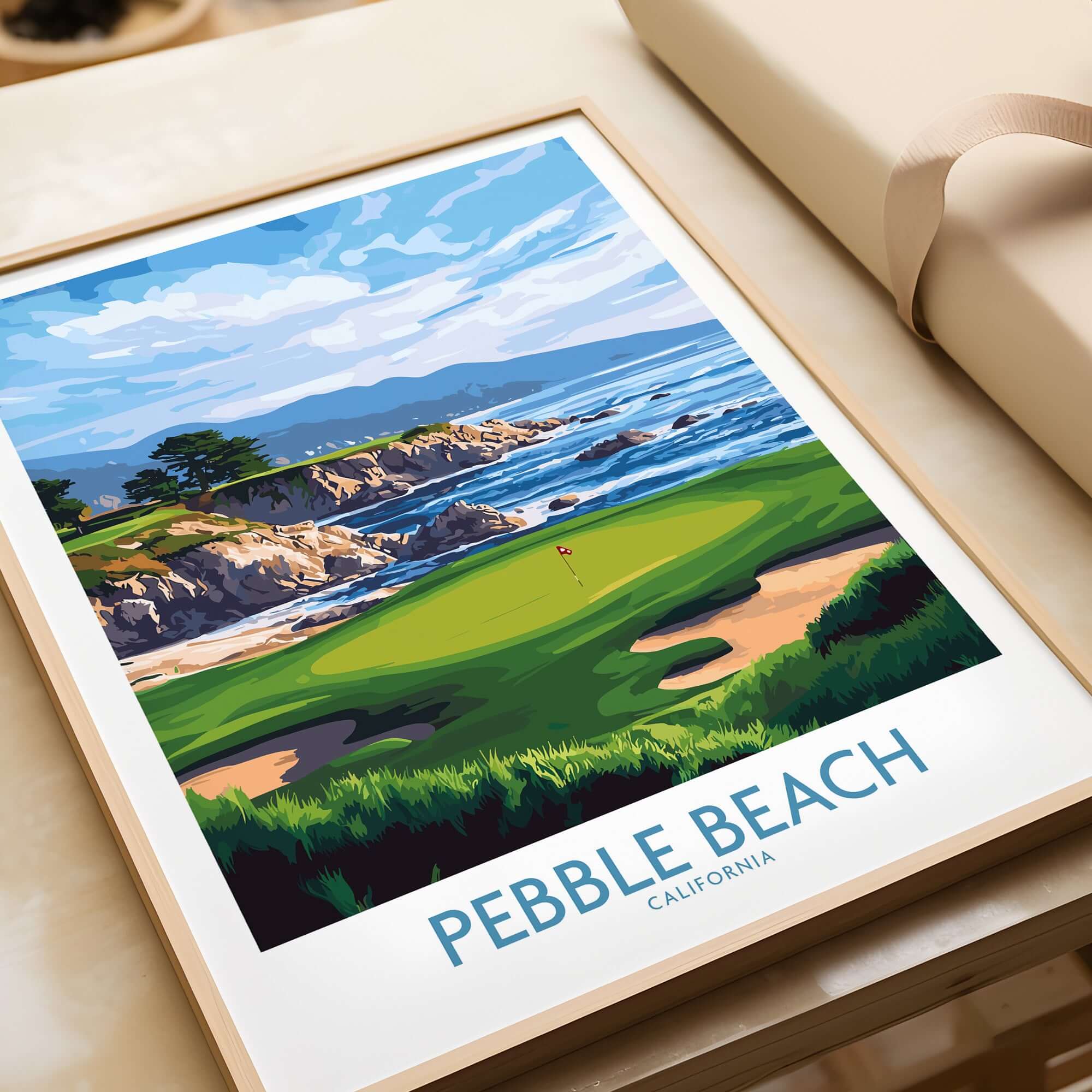 Pebble Beach Golf Poster - California Championship Golf Course Wall Art showcasing the iconic coastal golf course.