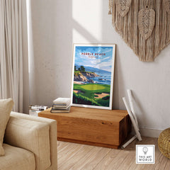 Pebble Beach Golf Print - California Golf Links Wall Art displayed on a wooden table in a stylish interior setting.