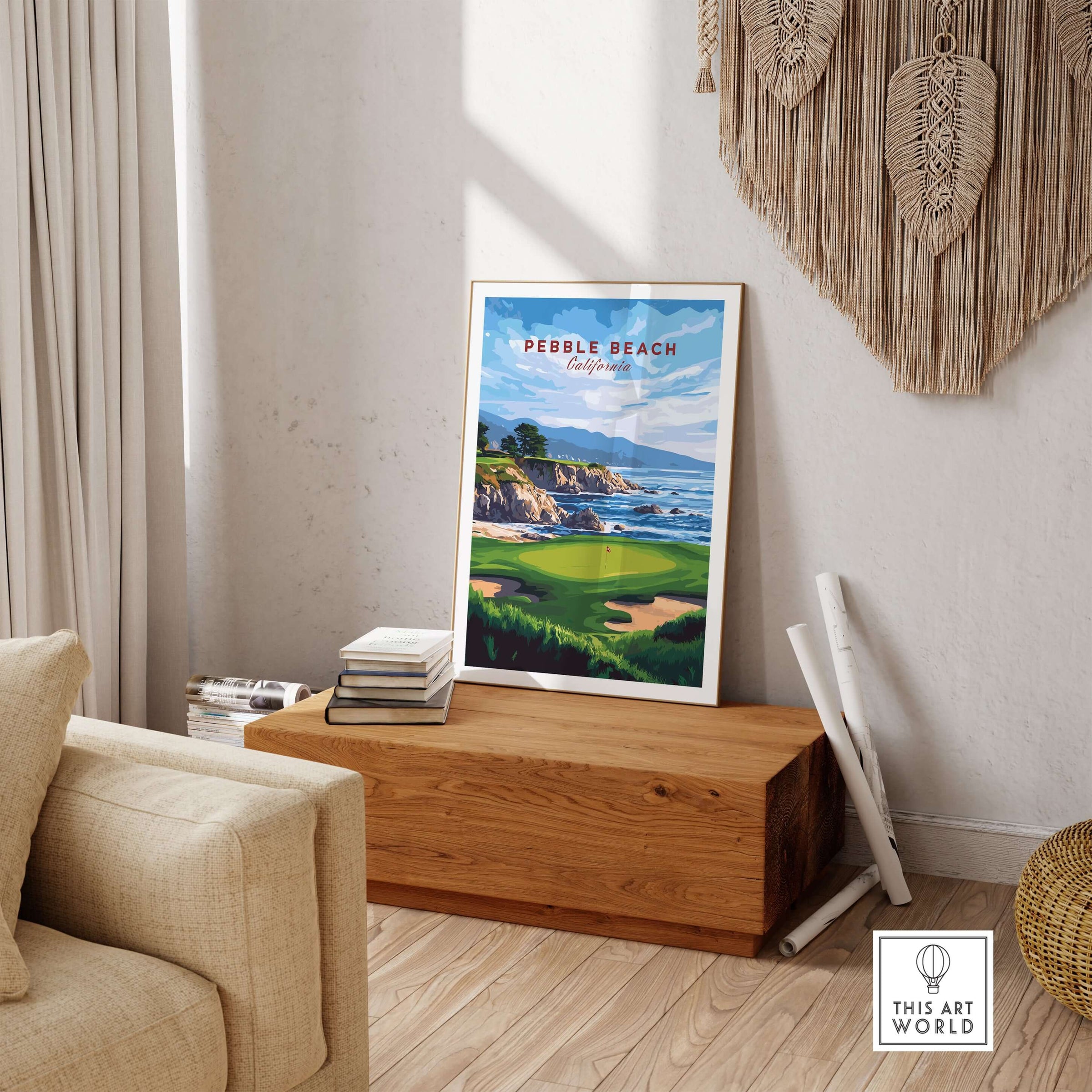 Pebble Beach Golf Print - California Golf Links Wall Art displayed on a wooden table in a stylish interior setting.
