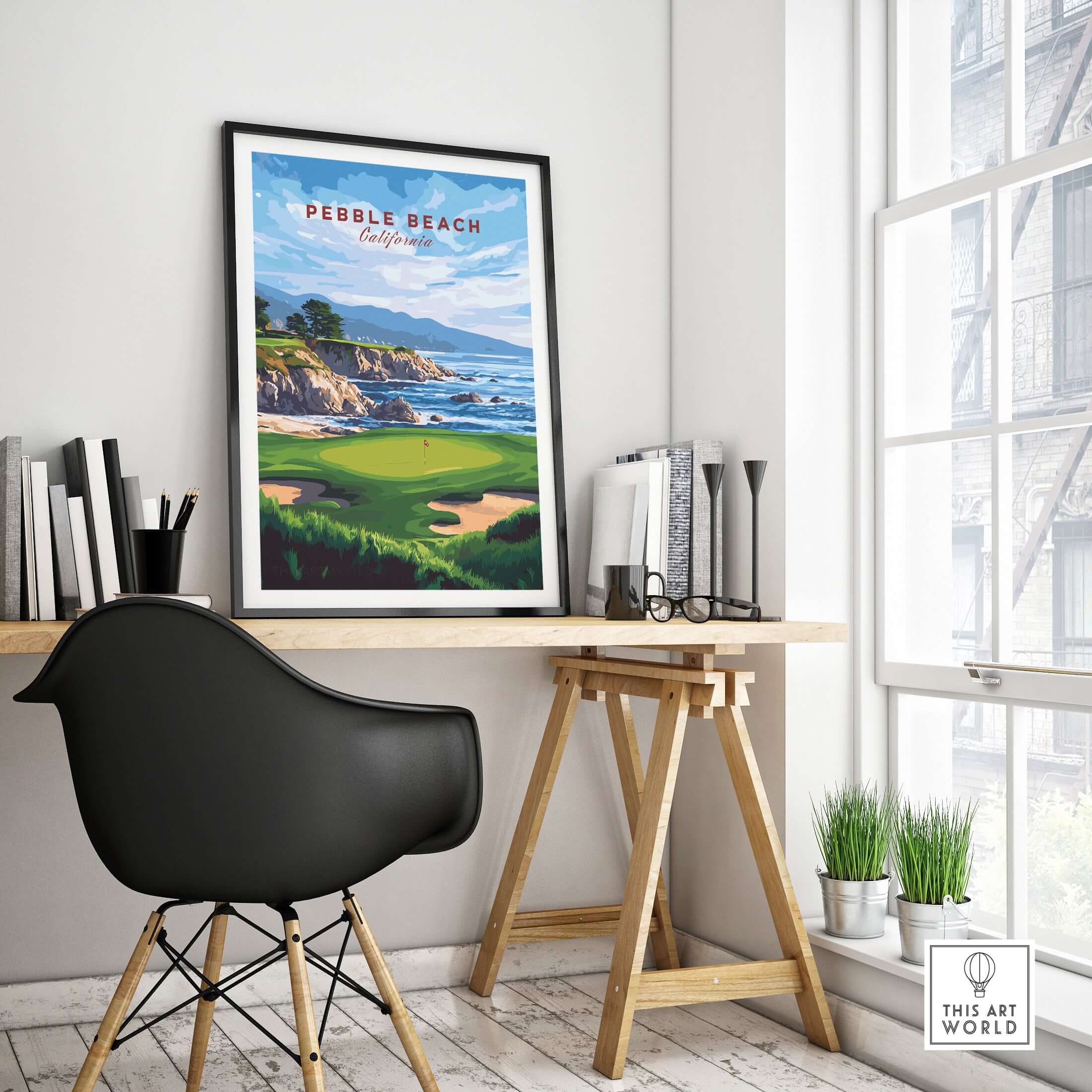 Pebble Beach Golf Print - California Golf Links Wall Art displayed in a modern office setting with coastal scenery.