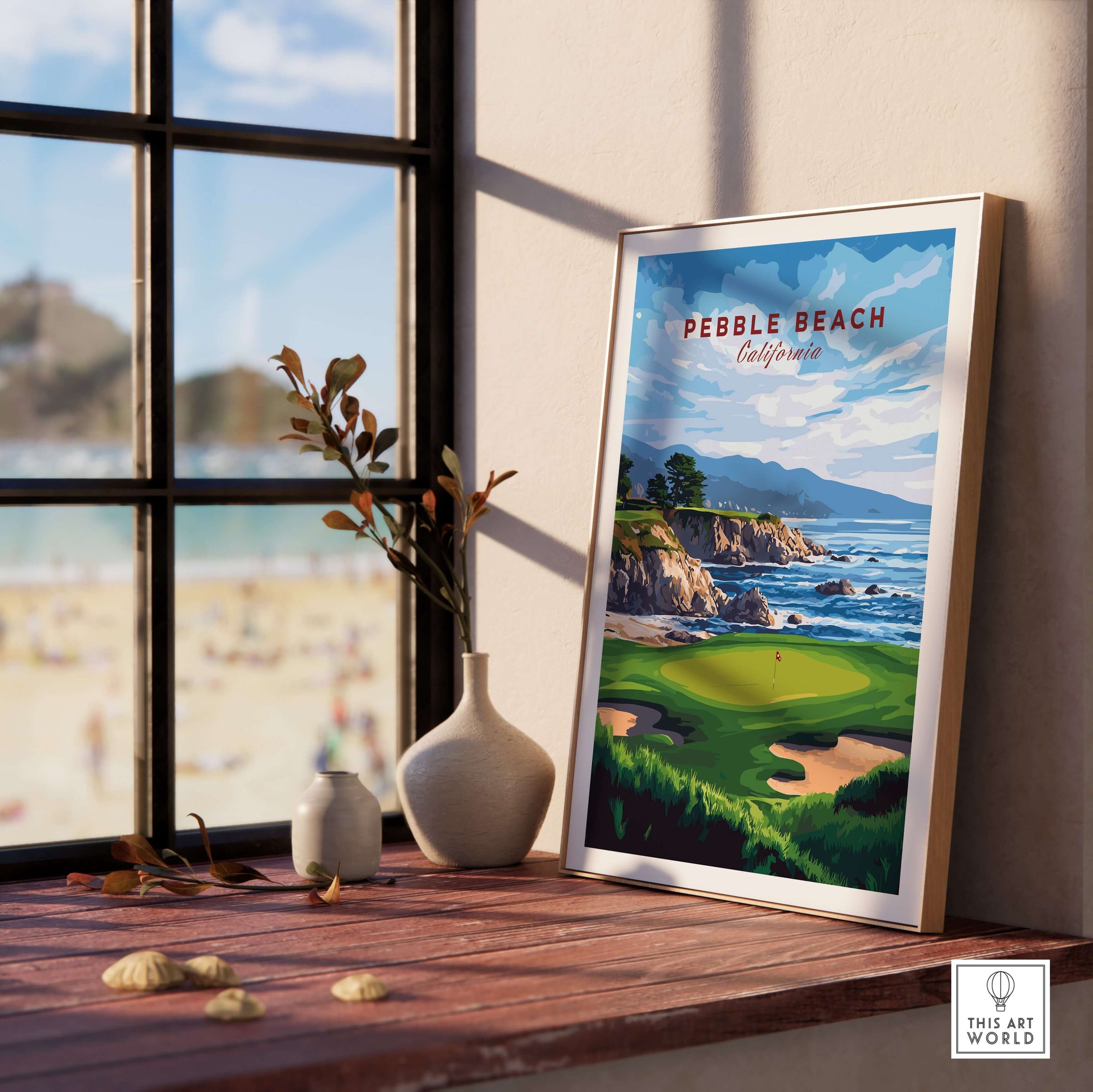 Pebble Beach Golf Print - California Golf Links Wall Art displayed in a stylish modern interior with an ocean view.