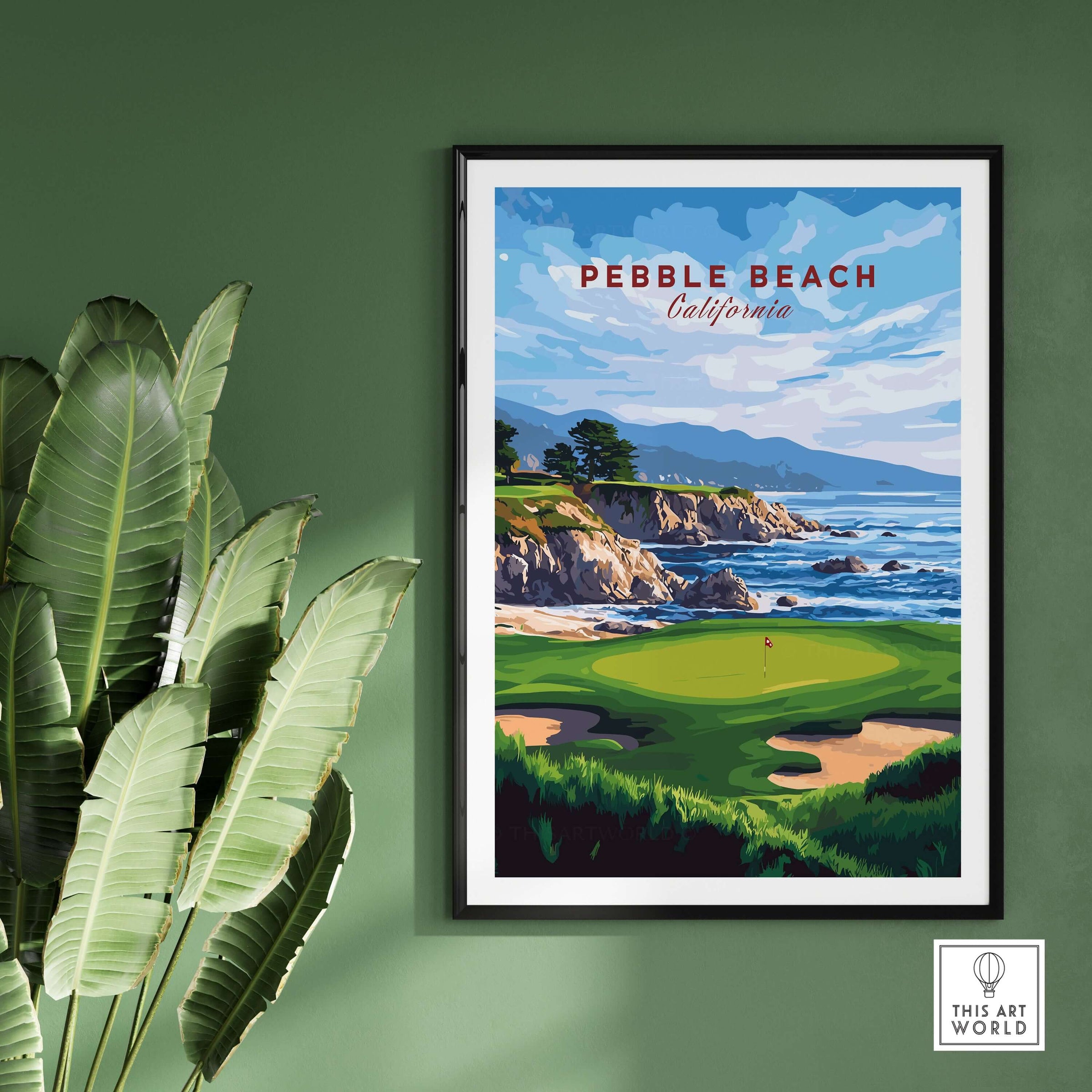 Pebble Beach Golf Print - California Golf Links Wall Art featuring vibrant coastal course scenery.