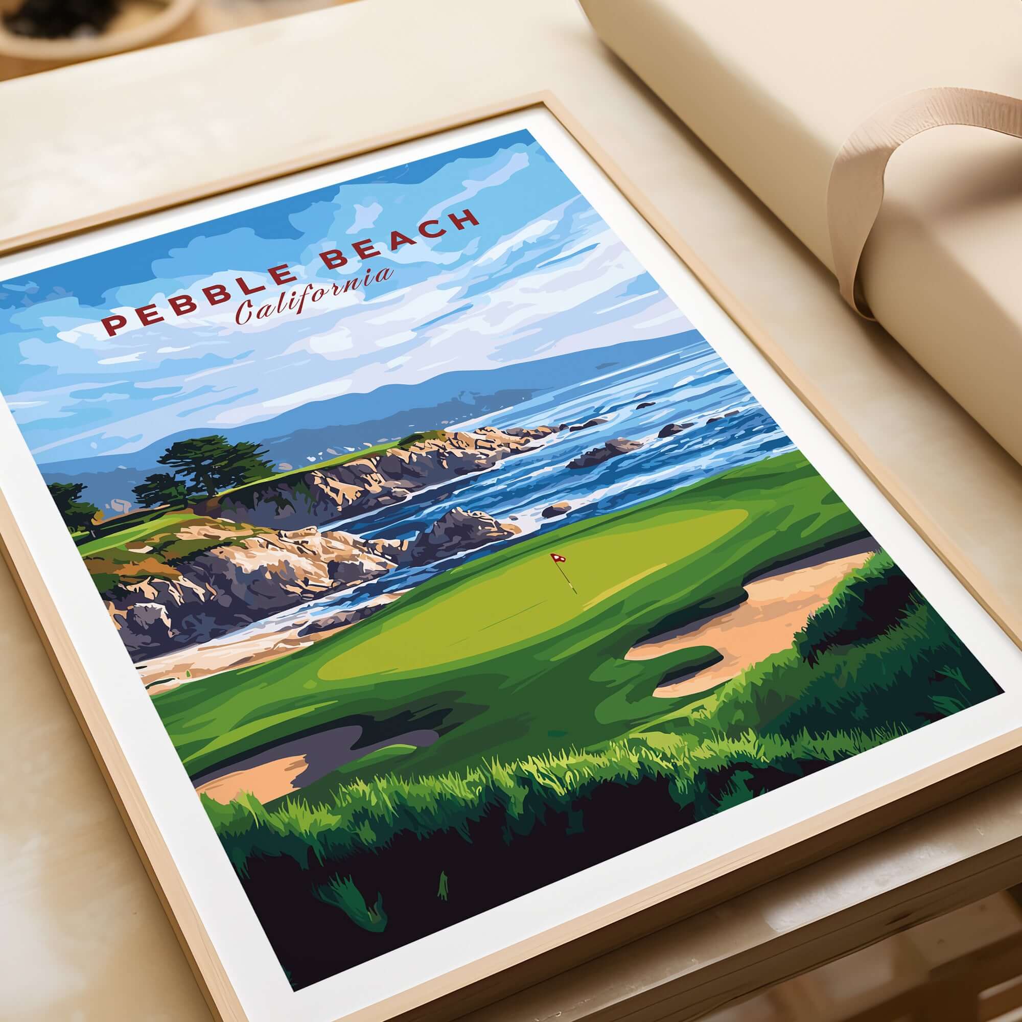 Pebble Beach Golf Print - California Golf Links Wall Art featuring scenic coastal views and vibrant greens.