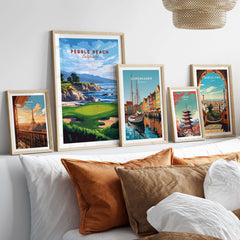 Pebble Beach Golf Print - California Golf Links Wall Art displayed in stylish frames on a cozy bed.