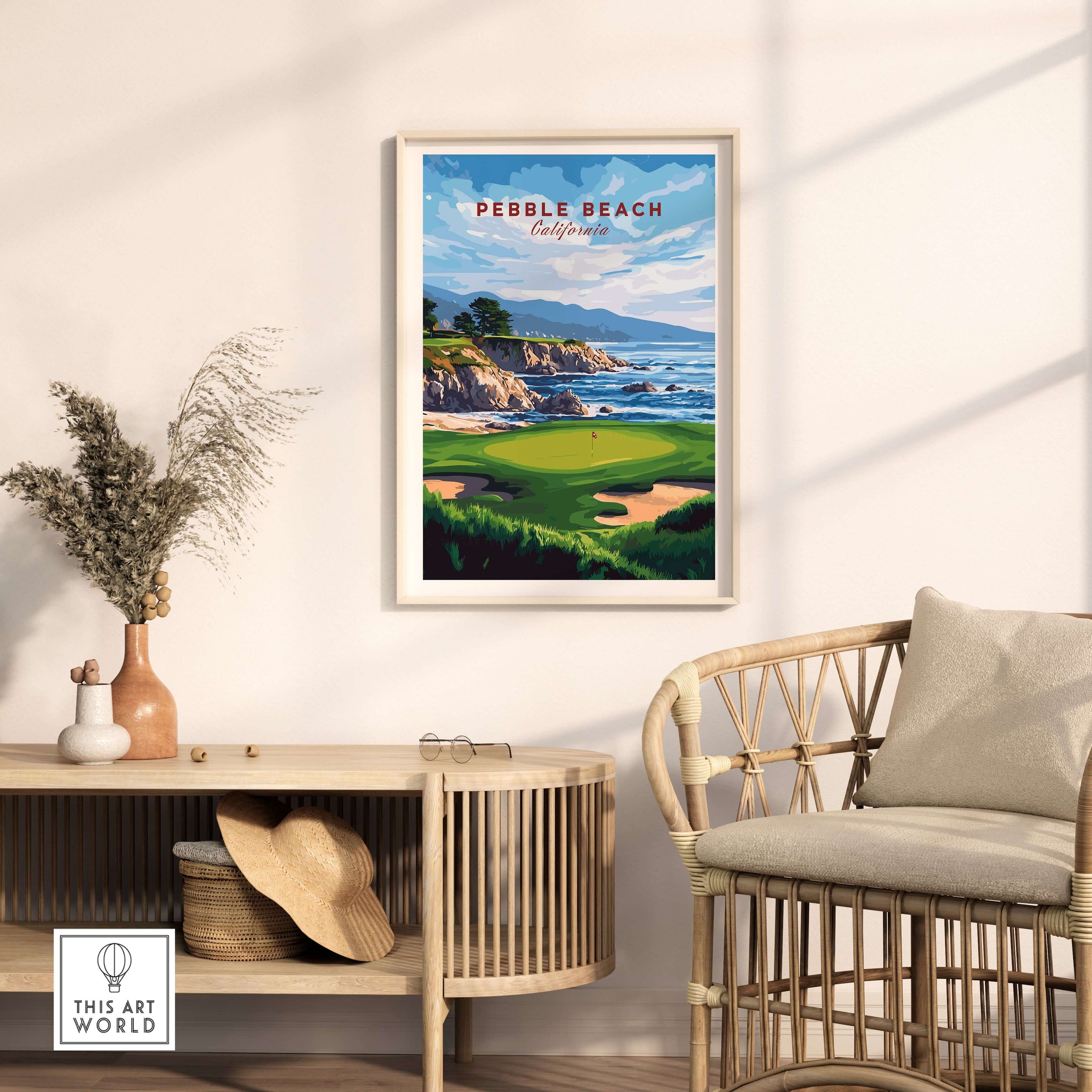 Pebble Beach Golf Print - California Golf Links Wall Art displayed in a stylish living room decor with coastal elements.