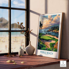 Pebble Beach Print California - Iconic Golf Poster displayed in a sunny room with a beach view.