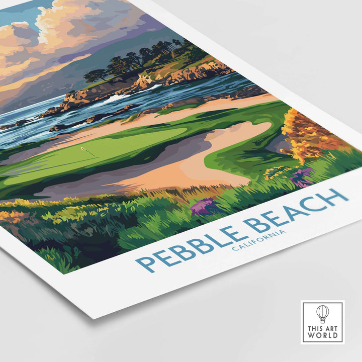 Pebble Beach Print showcasing the coastal cliffs, waves, and golf fairways of California's iconic course.