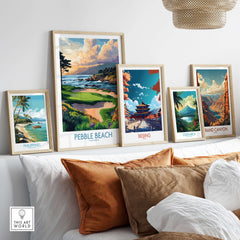 Pebble Beach Print California - Iconic Golf Poster displayed among other travel-themed art prints.