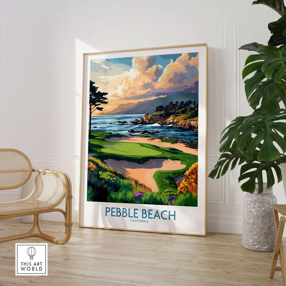 Pebble Beach Print California - Iconic Golf Poster showcasing stunning coastal views and golf fairways.