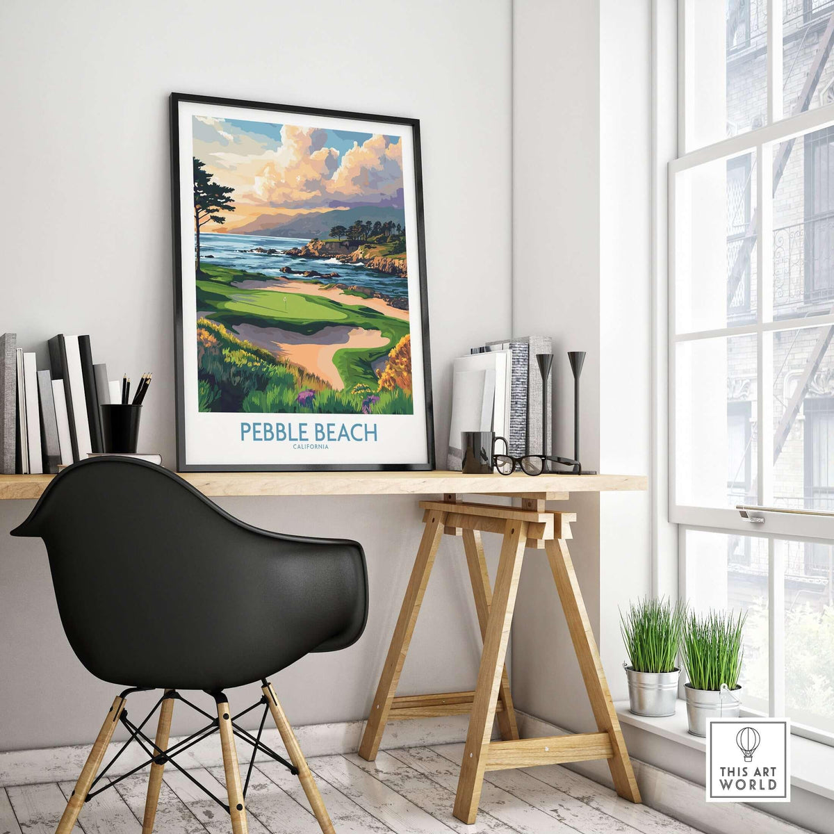 Pebble Beach Print California - Iconic Golf Poster displayed in a stylish office setting with a modern chair and desk.