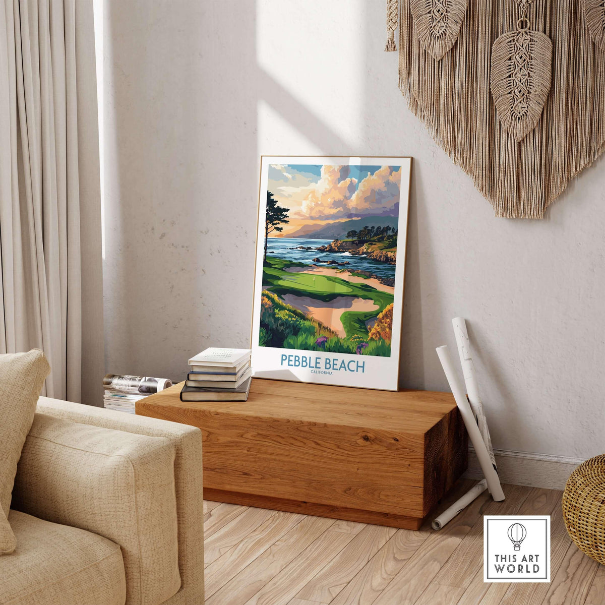 Pebble Beach Print California - Iconic Golf Poster showcasing stunning coastal golf scenery in a stylish interior.