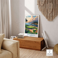 Pebble Beach Print California - Iconic Golf Poster showcasing stunning coastal golf scenery in a stylish interior.