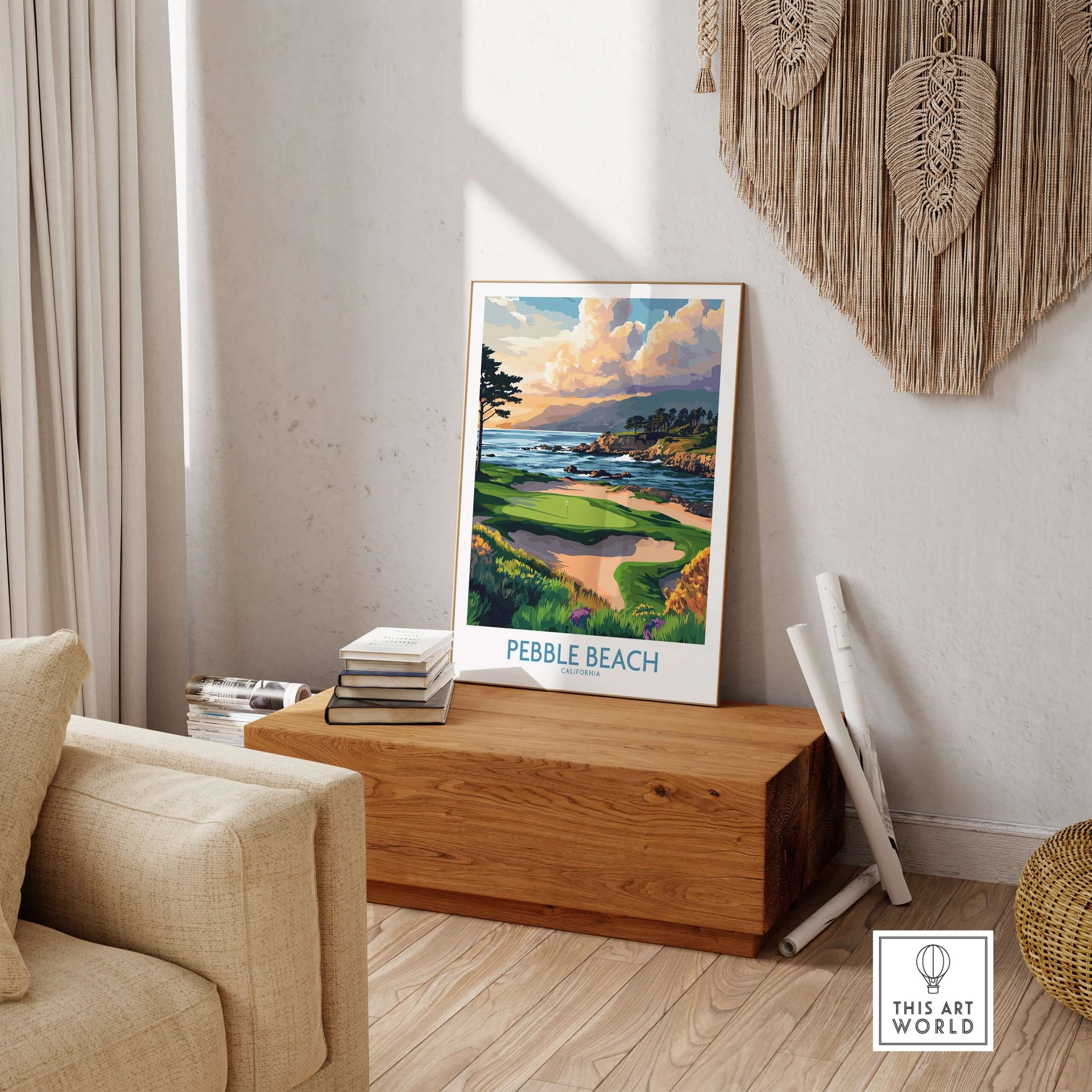 Pebble Beach Print California - Iconic Golf Poster showcasing stunning coastal golf scenery in a stylish interior.