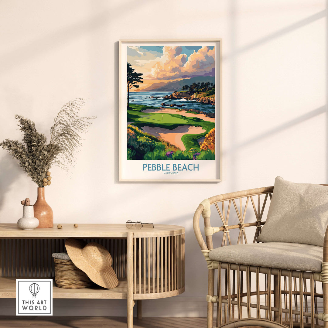 Pebble Beach Print showcasing iconic golf course with ocean view, framed in stylish interior setting.