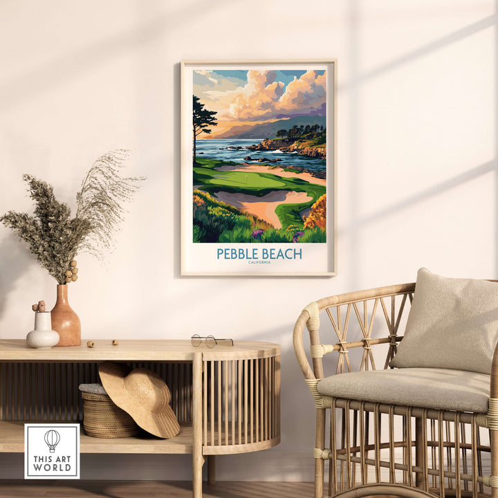 Pebble Beach Print showcasing iconic golf course with ocean view, framed in stylish interior setting.
