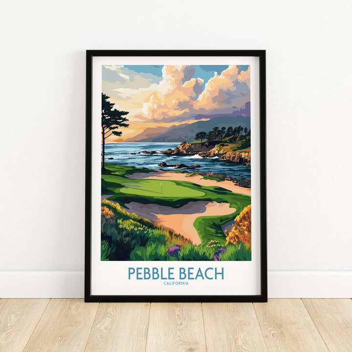 Framed Pebble Beach Print showcasing California's iconic golf course with coastal cliffs and vibrant scenery.
