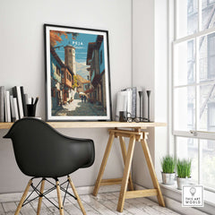 Peja Canvas Print | Balkan City Wall Art displayed in a modern workspace, showcasing Balkan architecture and charm.