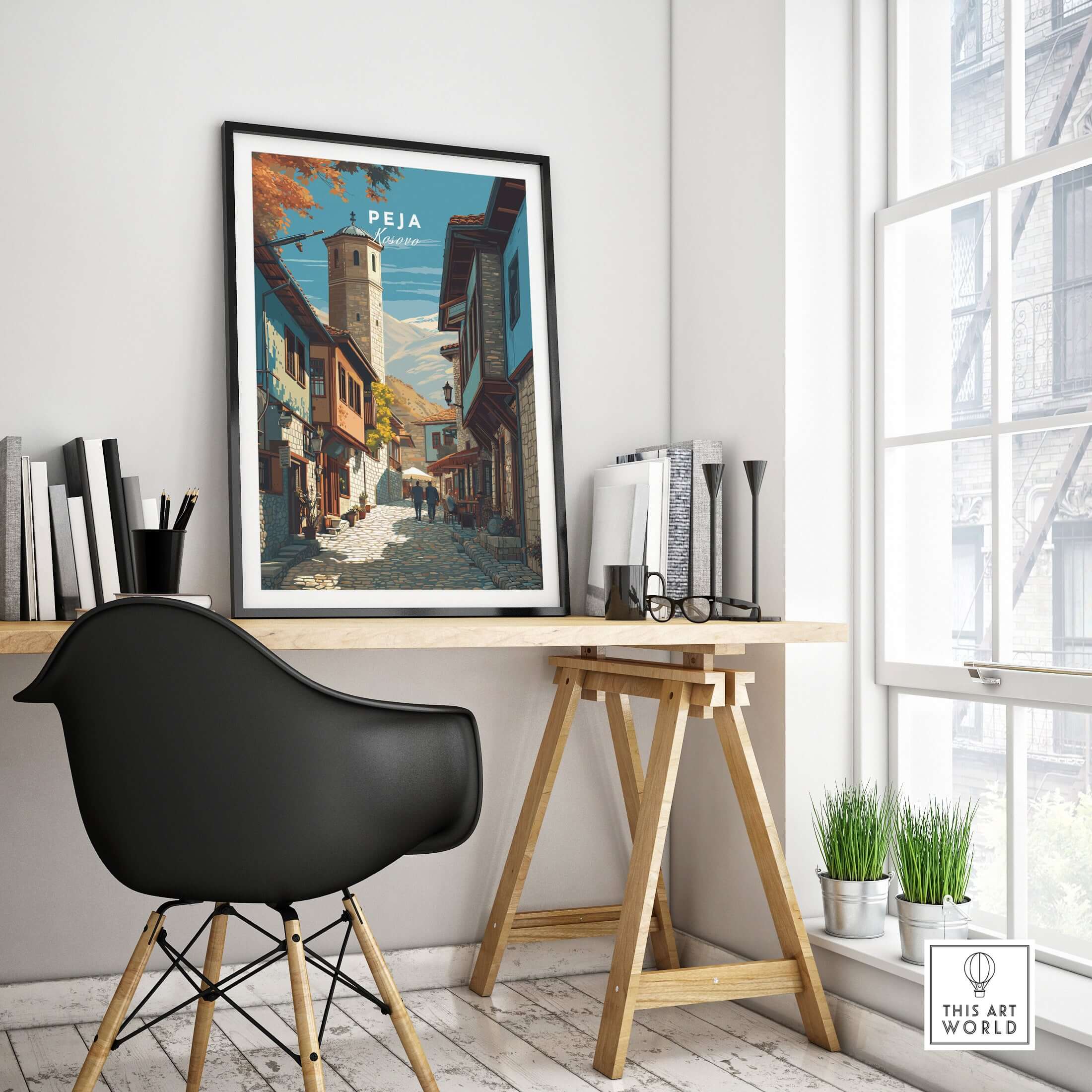 Peja Canvas Print | Balkan City Wall Art displayed in a modern workspace, showcasing Balkan architecture and charm.