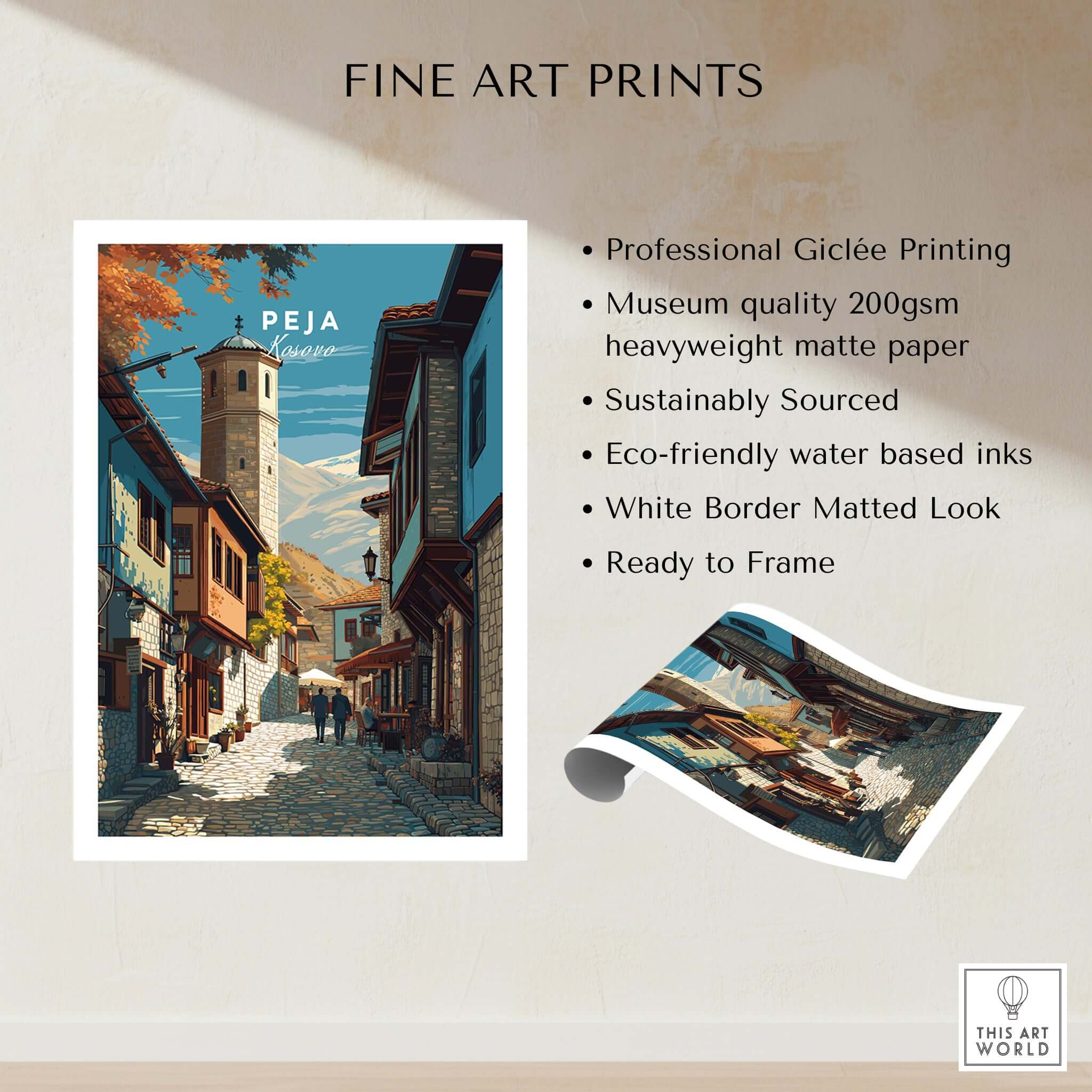 Peja Canvas Print | Balkan City Wall Art featuring a picturesque street scene from Peja in Kosovo.