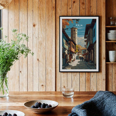Peja Canvas Print | Balkan City Wall Art displayed in a cozy interior with natural wooden decor and culinary elements.