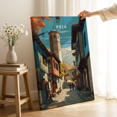 Peja Canvas Print | Balkan City Wall Art showcasing a scenic street in Peja, Kosovo with vibrant architecture.