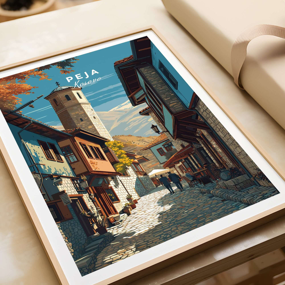 Peja Canvas Print | Balkan City Wall Art showcasing a vibrant street scene in Peja, Kosovo, with traditional architecture.