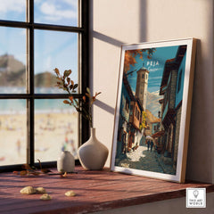 Peja Canvas Print | Balkan City Wall Art displayed in a sunlit room with a seaside view.
