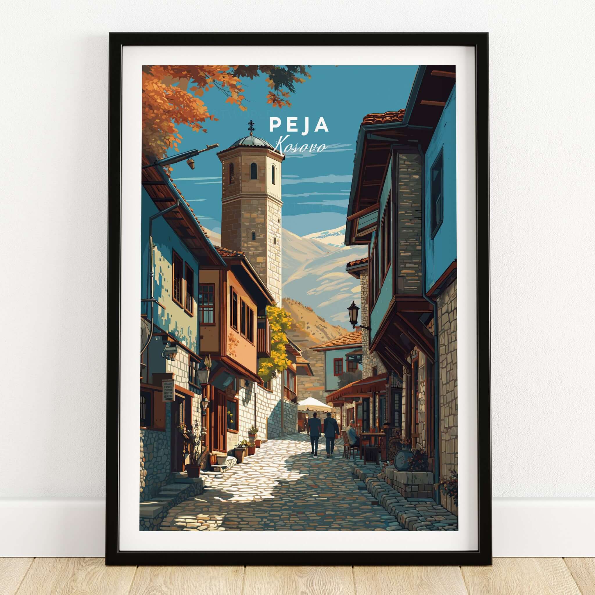 Peja Canvas Print | Balkan City Wall Art featuring a picturesque street scene in Peja, Kosovo with vibrant architecture.